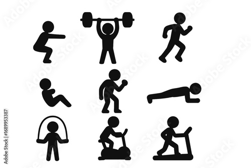 Fitness exercise icon set. Stick figure silhouette doing workout, gym, and cardio. Vector illustration of training people. Weightlifting, running, plank, squat, sit up pictogram.