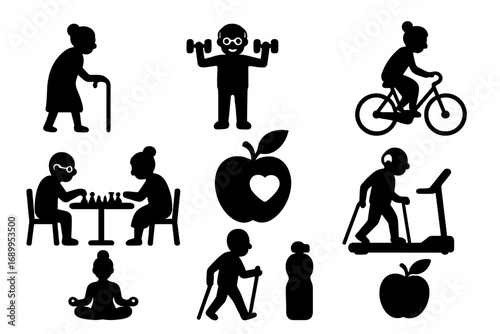 Senior lifestyle icon set. Elderly people activities. Healthy active grandpa and grandma. Vector silhouette collection for retirement, nursing home, healthcare, sport and wellness.