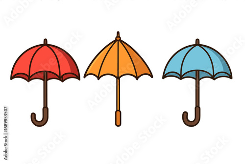 Set of three colorful umbrellas. Vector cartoon illustration icon for graphic design. Red, orange, blue parasol symbol for weather, rain protection. Bumbershoot collection.