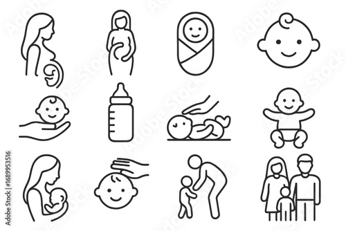 Pregnancy and childbirth line icon set. Maternity, baby care, parenting vector outlines. Symbols for newborn, infant, mother, family. Motherhood, childcare, feeding pictograms.