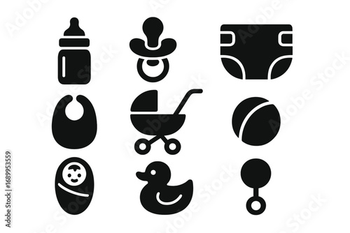 Baby icons vector set silhouette. Newborn essentials collection. Childcare, parenthood concept. Bottle, pacifier, diaper, bib, stroller, rattle, duck, ball. Baby shower design elements.