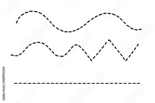 Vector dotted line set. Collection of dashed lines: wavy, zigzag, and straight paths. Abstract graphic design elements for tracing, cutting guides, or borders on transparent background.