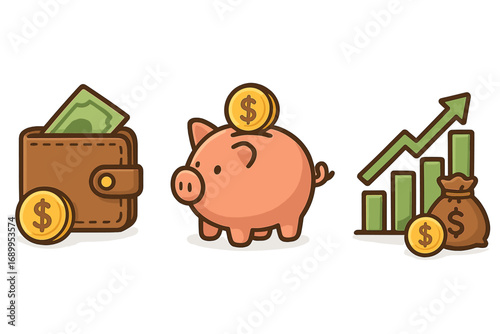Financial planning icon set for budgeting, savings, and investment. Personal finance management concept with wallet, piggy bank, and growth chart. Vector cartoon illustration.