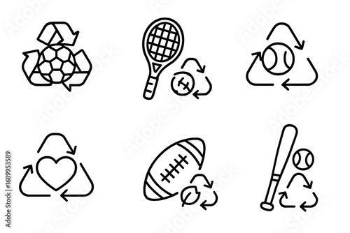 Recycling sports equipment icon set. Vector line icons for sustainability. Eco-friendly reuse concept for soccer, tennis, baseball, football gear. Circular economy symbol.
