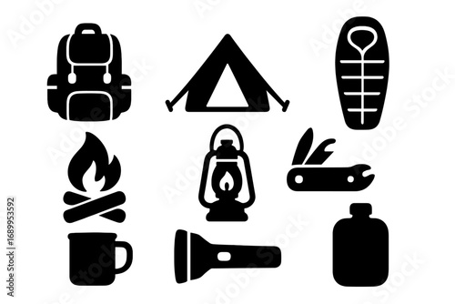 Camping gear silhouette icons set. Outdoor adventure and hiking trip equipment. Vector symbols collection with backpack, tent, sleeping bag, lantern, campfire, and knife.