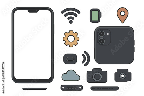 Smartphone components and icons vector set. Mobile phone parts for repair or app interface design. Collection includes camera, battery, wifi, gps, and settings symbols.