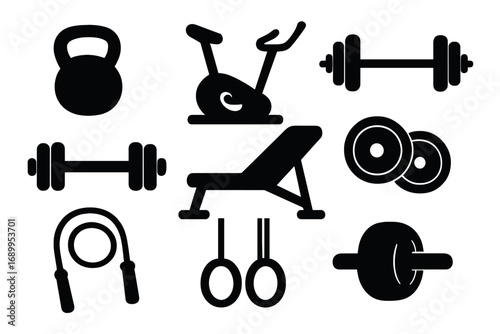 Fitness equipment silhouette icons for gym and workout themes. Vector cartoon illustration of sport gear. Dumbbell, barbell, kettlebell, weight bench for strength training.