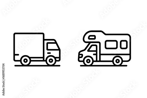 Truck and motorhome line icon set. Vector symbols for delivery, logistics, and cargo transport. RV, campervan for travel and vacation. Modern outline pictogram for web, apps.