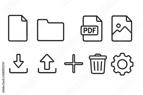 File management line icon set. Document, folder, PDF, and media file symbols. UI UX icons for download, upload, add, delete trash, and settings. Vector outline pictogram.