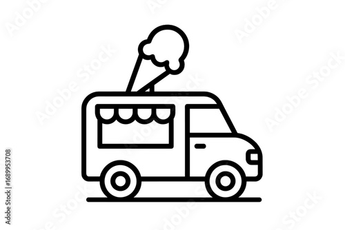 Ice cream truck vector line icon. Food truck with cone. Summer dessert street food van. Mobile shop symbol. Minimalist outline cartoon illustration for graphic design. Pictogram.