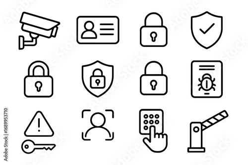 Security and access control line icon set. Vector outline symbols for monitoring, protection, and privacy. Includes CCTV camera, facial recognition, ID card, keypad, lock, shield.