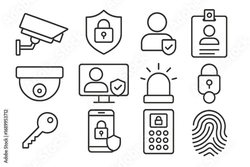 Security and access control line icon set. Protection, monitoring, and authentication symbols. Vector icons for safety, cctv, biometrics, id badge, and digital access.