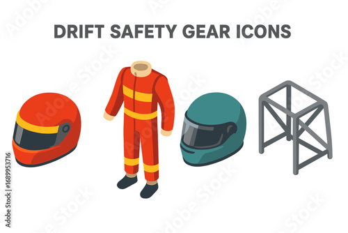 Drift safety gear icon set. Isometric vector illustration of motorsport equipment. Racing helmet, fire resistant suit and roll cage for car drifting. Flat cartoon design elements.