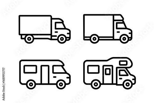Truck and motor home line icon set. Cargo delivery van, lorry, RV, campervan vehicle symbols. Outline transport and travel signs for graphic design, web, apps. Vector.