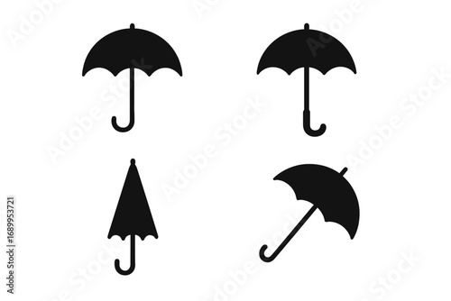Umbrella icon set. Black silhouette collection of open and closed parasols. Simple flat graphic symbol for weather, rain, or sun protection. Vector illustration isolated.