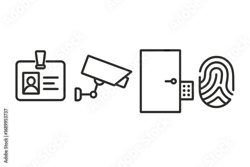 Security and access control line icon set. Vector icons for identification, surveillance camera, door entry, and biometric fingerprint scanner. Safety and technology concepts.