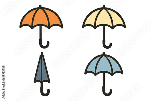 Set of colorful umbrella icons. Vector cartoon collection of parasols and bumbershoots. Open and closed positions. Symbol of rain, weather, and protection. Simple flat design graphic elements.