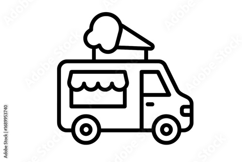 Ice cream truck icon. Food van vector line symbol. Summer sweet dessert delivery. Mobile gelato shop pictogram. Minimalistic street food illustration for web and app design.