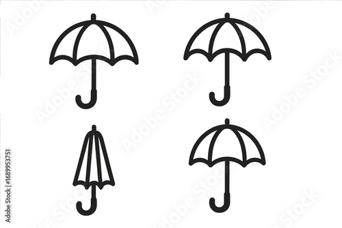 Umbrella icon set. Vector parasol symbol collection. Bumbershoot outline graphic. Rain protection sign. Weather forecast pictogram. Open and closed beach umbrella illustration.