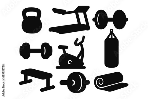 Fitness equipment silhouette icon set for gym and workout. Vector graphics of sport and exercise tools like dumbbell, kettlebell, treadmill, barbell, and punching bag.