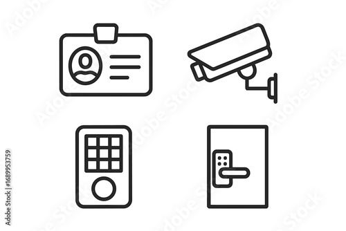 Security and access control line icon set. Vector icons for identification, surveillance, and door entry. Includes ID badge, CCTV camera, keypad, and smart lock symbols.