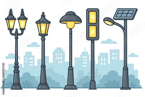 Street lamps and lampposts set. Vector cartoon illustration of various classic, modern, and solar-powered streetlights. Urban city lighting collection on transparent background.