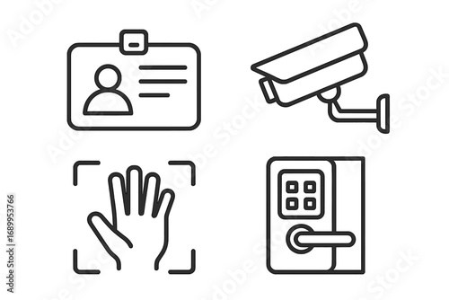 Security access control line icon set. Identification badge, video surveillance cctv camera, biometric palm scan, electronic door lock. Vector symbols for safety system.