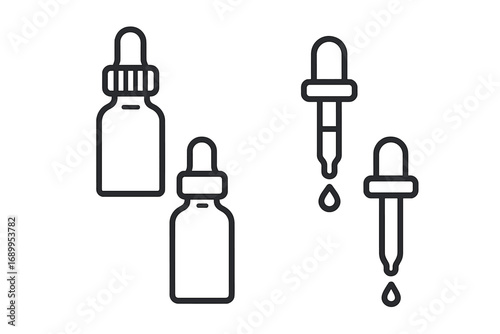 Dropper bottle and pipette line icon set. Vector symbols for essential oil, serum, cosmetics, medicine. Skincare beauty product packaging outline. Liquid drop pictogram.