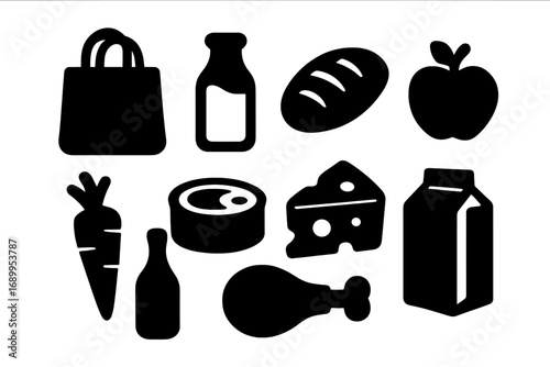 Grocery shopping icon set. Black silhouette food and drink essentials. Supermarket products vector illustration. Includes bread, milk, cheese, meat, fruit and vegetables.
