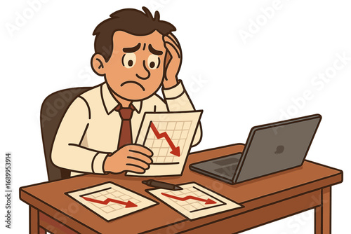 Businessman stressed by financial crisis. Man with papers showing decline graph. Bankruptcy, debt, failure concept. Sad employee looks at bad report. Stock market crash.