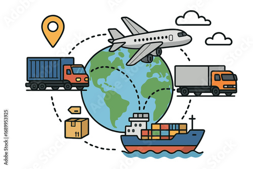 Global logistics network. Worldwide shipping. Freight transport. Land, sea, air transportation. Supply chain. Cargo delivery service. Truck, plane, ship. Globe. Vector.