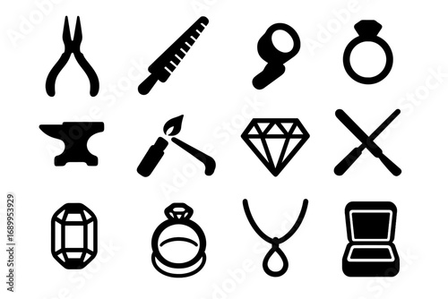 Jewelry tools icon set for goldsmith and crafting design. Vector silhouette symbols of jewellery making equipment. Anvil, torch, loupe, pliers, file, diamond, ring, necklace.