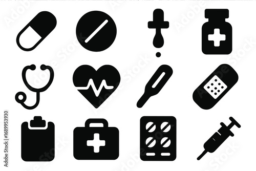 Medical and pharmacy essentials icon set. Vector silhouette illustration in flat design. Healthcare, medicine, and first aid symbols collection. Pill, syringe, stethoscope.