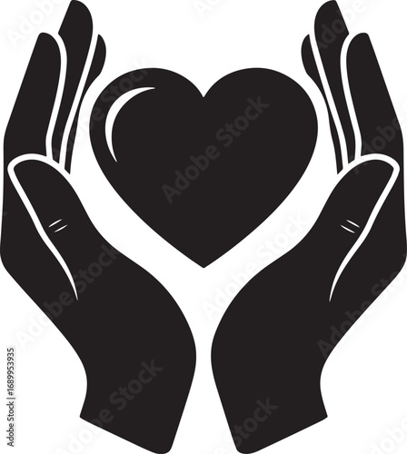 Hands holding a heart icon against a white background.