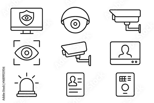 Security line icon set. Surveillance, protection and monitoring outline icons. Vector collection of CCTV camera, alarm, access card, biometric recognition symbols. Simple pictogram.