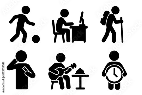 Set of stick figure icons showing daily life activities. Vector pictograms for work-life balance concepts. People silhouettes for sports, work, hiking, music, dining, time.