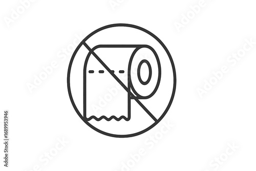 Do not flush toilet paper. Prohibited sign for toilet. Warning icon for bathroom and restroom. Septic system safety notice. Clogged drain prevention. Vector line art symbol.