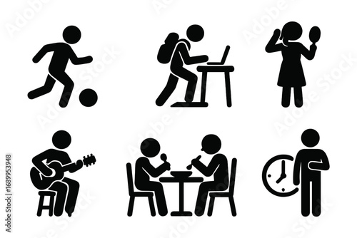 Stick figure people daily routine icon set. Lifestyle activities concept. Work-life balance. Man playing football, remote work, woman grooming, musician, dining, time management.