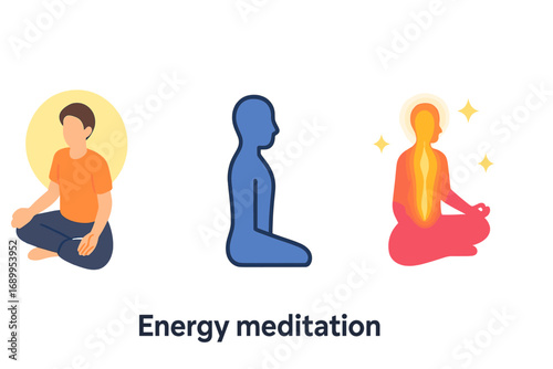 Energy meditation icon set. Isometric flat vector illustration of person in lotus pose. Spiritual practice, straight spine silhouette, aura and chakra energy flow concept.
