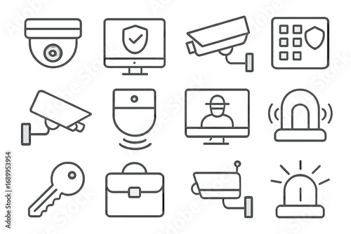 Security and surveillance line icon set. Vector collection of safety equipment symbols like CCTV camera, alarm system, monitor, keypad and motion sensor for protection concepts.