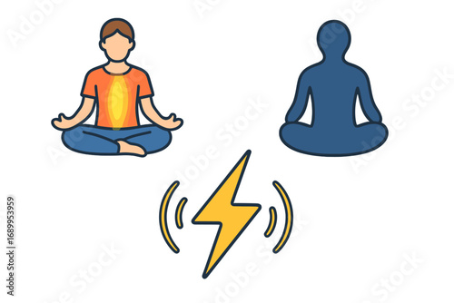 Energy meditation vector icon set. Man in lotus pose. Concept of spiritual power, charging energy, mental health, mindfulness. Yoga practice, balance, harmony, soul. Flat cartoon.