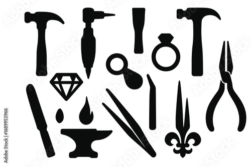 Jewelry tools silhouette icon set for crafting and design. Goldsmith and silversmith equipment symbols. Vector graphic of hammer, anvil, ring, diamond, pliers for repair.