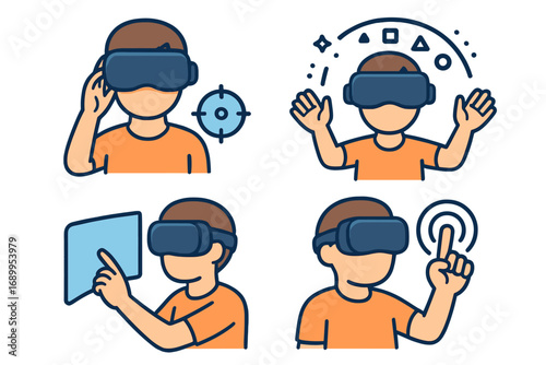 Virtual reality icon set. Man with VR headset interacts in metaverse. Concepts for gaming, user engagement, AR, and digital experience. Futuristic technology vector illustration.