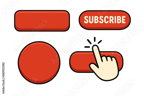 Vector subscribe button set. Red web buttons with hand cursor clicking. Call to action icon collection for UI UX design. Round and rectangular shape. Cartoon illustration.