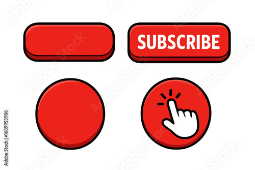 Red subscribe button vector set. Hand cursor click icon. Call to action web element. Blank round and rectangle buttons for user interface design. Cartoon style illustration.