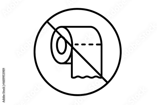 Do not flush toilet paper down the toilet. Prohibited sign for WC. Septic system safety rule. Restroom etiquette symbol. Plumbing blockage prevention vector line icon.