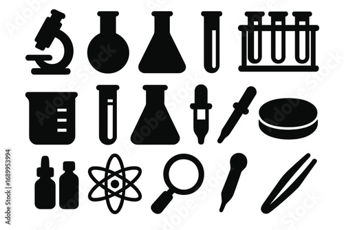 Science and chemistry laboratory equipment icon set. Vector silhouette collection of lab tools for research, biology and experiment. Microscope, beaker, flask, test tube.