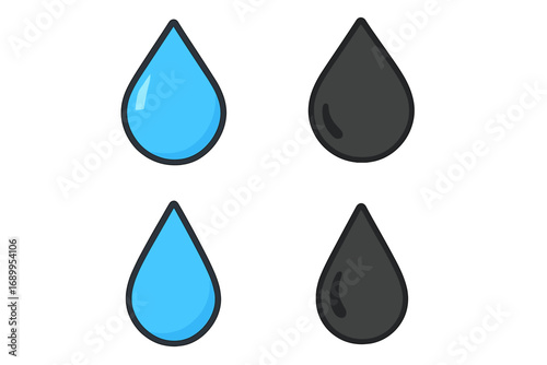 Water drop and oil drop icon set. Vector liquid droplet symbols. Clean aqua, raindrop and fuel, petroleum or crude oil sign. Simple flat cartoon illustration isolated.