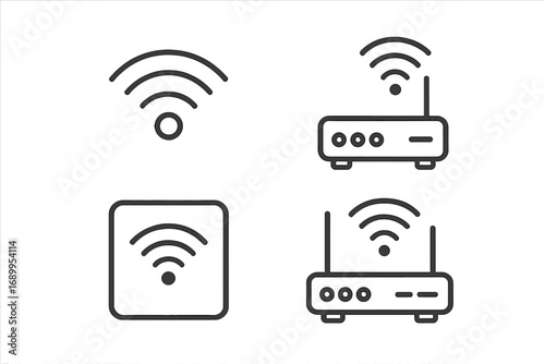 WiFi router icon set. Thin line vector symbols. Wireless internet connection, signal, network, modem, hotspot outline icons for UI, UX, web and mobile app design.