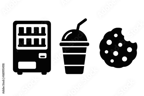 Vending machine snack and drink icon set. Silhouette vector illustration for automated retail. Junk food concept with beverage, soda cup and bitten chocolate chip cookie.